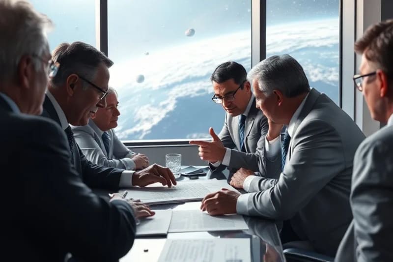 Pintura digital de delegados internacionales examinando un documento legal sobre recursos espaciales, con asteroides y naves espaciales en el fondo.