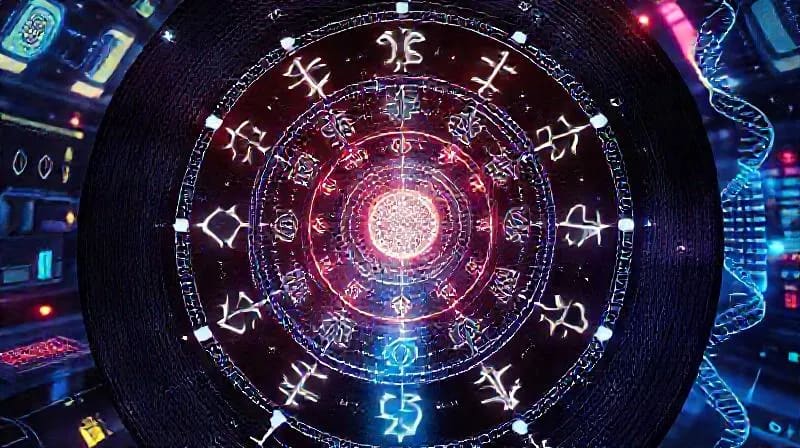 3D render of a futuristic lab, holographic birth charts merging with genetic sequences, symbolizing the integration of cosmic and biological data.