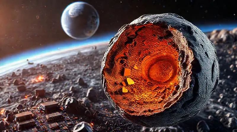Render 3D de un asteroide seccionado revelando vetas de minerales raros y metales preciosos, con equipo de minería robótico y la Tierra en la distancia.