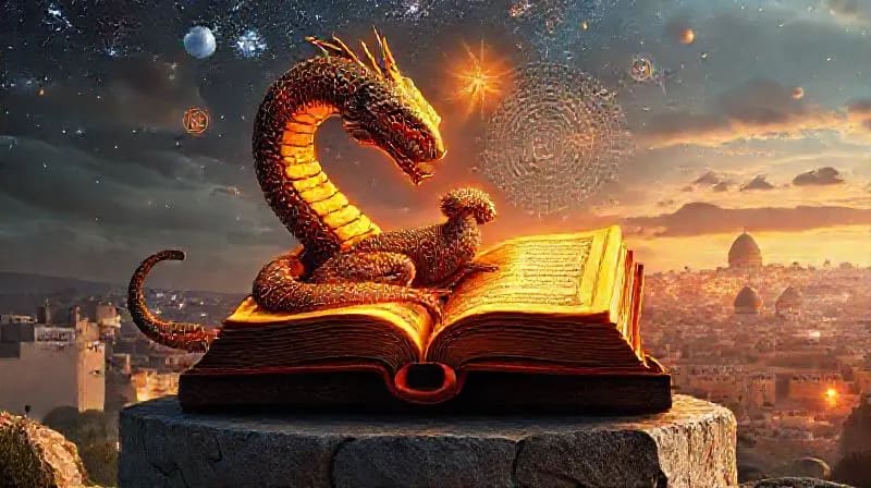 Pintura digital de una serpiente cósmica y símbolos mayas fusionándose con elementos bíblicos como un cordero y una ciudad celestial