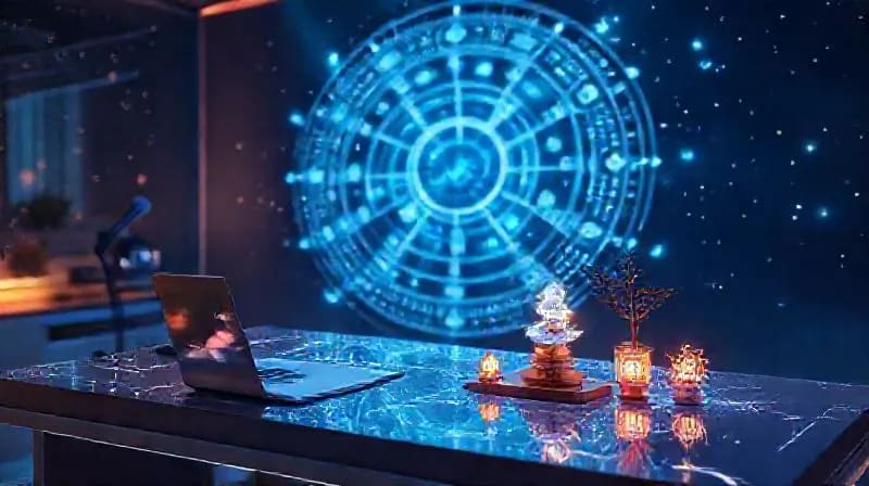 Escritorio virtual con elementos de Feng Shui holográficos en el metaverso
