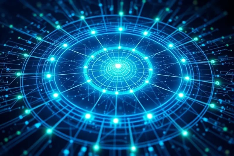 Nodos de datos interconectados formando un escudo protector con líneas cuánticas