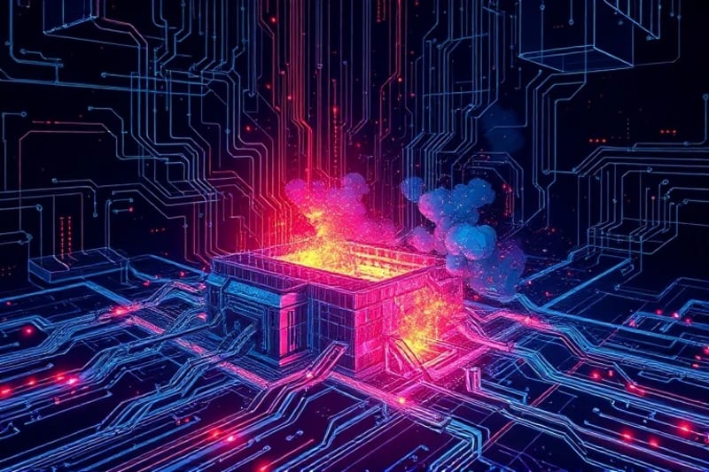 Computadora cuántica estilizada atacando una fortaleza digital con algoritmos de defensa