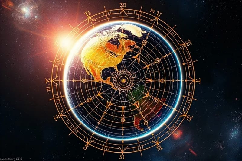 A detailed world map overlaid with abstract astrological symbols and energy lines, representing global interconnectedness and cosmic influences.