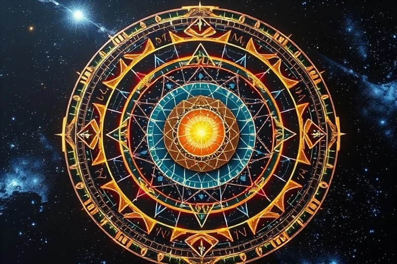 An abstract representation of intricate cosmic patterns and gears, symbolizing the complex mechanics of planetary influence and the language of the universe.