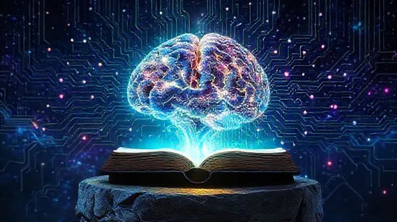 Cerebro humano fusionado con circuitos digitales, rodeado de energía luminosa.