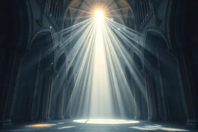 Vórtice cósmico con hilos de luz y patrones geométricos, simbolizando la evolución del espíritu.