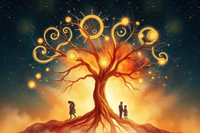Pintura acuarela de un árbol genealógico abstracto con raíces entrelazadas y figuras ancestrales difuminadas, representando conexiones familiares y destinos.