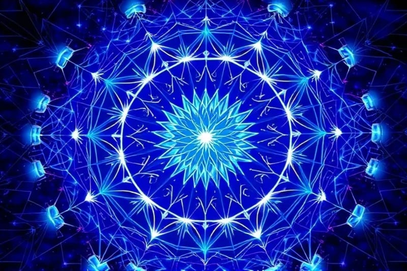 Red de nodos y líneas que representan conexiones sociales y energéticas, con hilos kármicos entrelazando individuos en un patrón complejo.