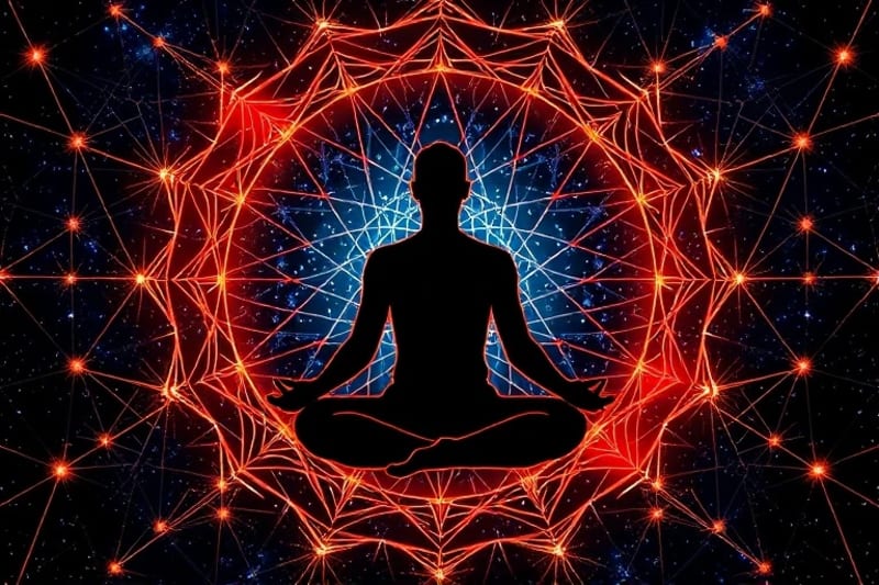 Vector art of a meditating human silhouette surrounded by glowing digital network lines, symbolizing digital healing and interconnectedness.