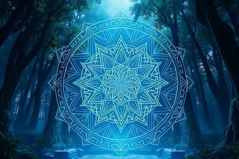 3D render of a serene natural landscape with holographic projections of ancient symbols and digital data streams, symbolizing the future of spiritual technology.