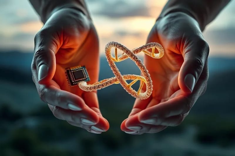 Manos humanas y robóticas entrelazadas sosteniendo una doble hélice de ADN brillante, simbolizando la ética en la edición genética.