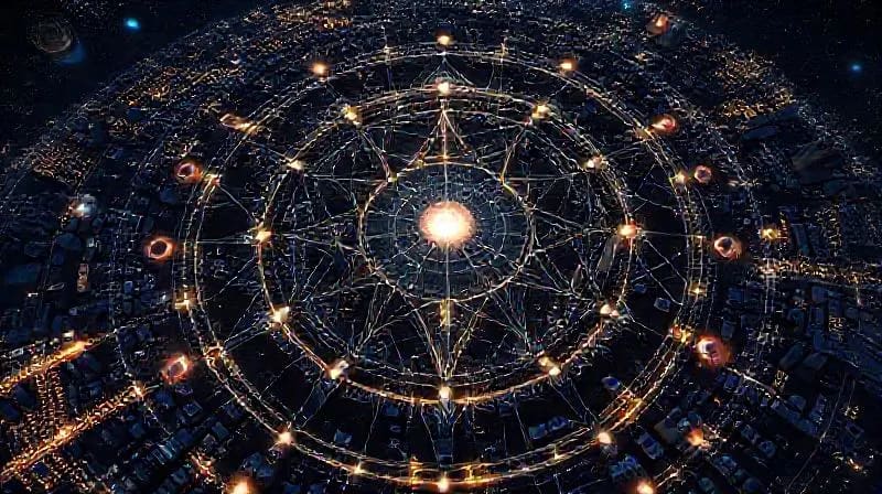 Abstract city grid with celestial influences