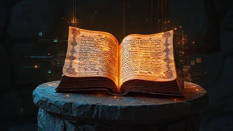 Línea de tiempo abstracta, pergaminos antiguos, iconos religiosos, flujos de datos digitales, proyecciones holográficas