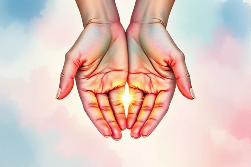 Soft watercolor painting of two intertwined hands with subtle astrological symbols, radiating faint light threads