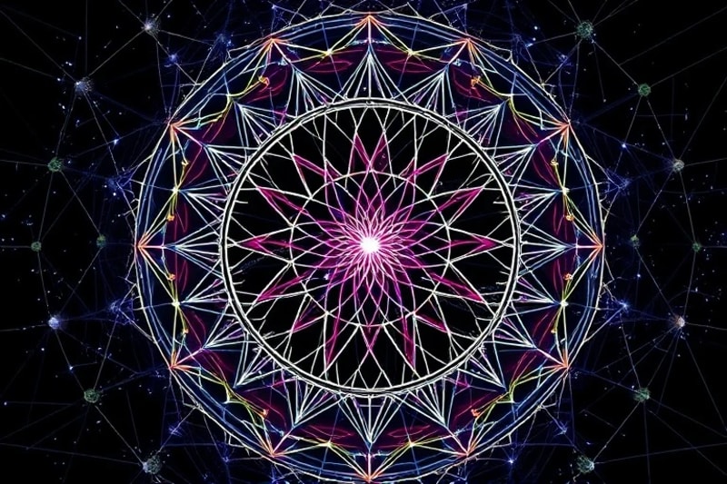 Complex holographic projection of human relationship dynamics, showing glowing neural pathways and interconnected energy cores