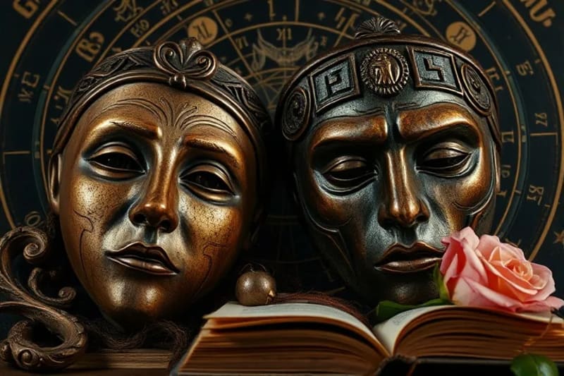Dos máscaras antiguas, una serena y otra compleja, conectadas por un hilo sutil, rodeadas de objetos simbólicos como un espejo y una rosa marchita.