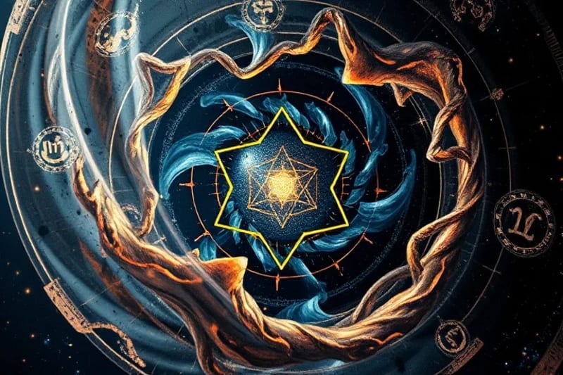 Vórtice abstracto de energía iridiscente con un núcleo geométrico brillante, representando el viaje de autodescubrimiento y la integración de la sombra.