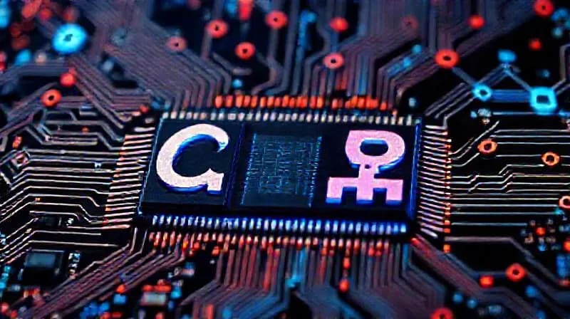 Símbolos de propiedad intelectual pixelados sobre nodos de blockchain interconectados