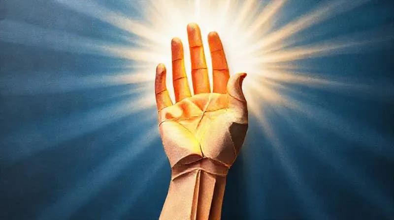 Pintura al óleo de una mano humana extendiéndose hacia una luz radiante, simbolizando la búsqueda de la verdad espiritual y la conexión divina.