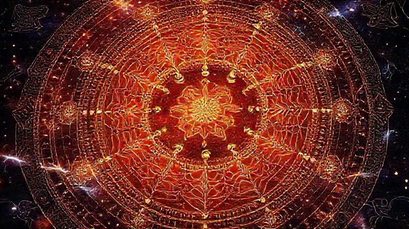 Representación artística de los ciclos de los cinco elementos chinos (Wu Xing), mostrando sus interacciones de generación y control.