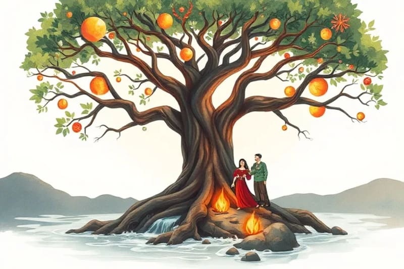 Pintura acuarela de una familia sentada bajo un árbol, con elementos naturales como agua y tierra, simbolizando la armonía y el equilibrio familiar.