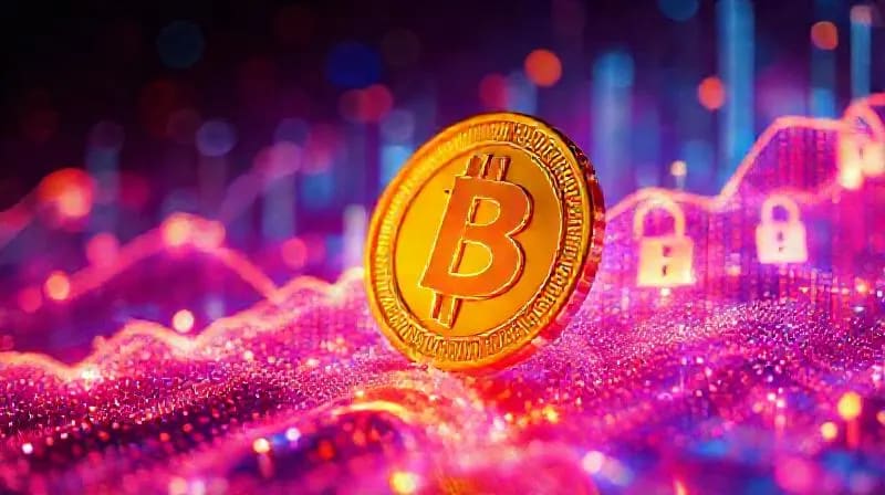 Moneda digital estilizada emergiendo de un gráfico de crecimiento luminoso, rodeada de flujos de datos abstractos y símbolos de candado de seguridad.