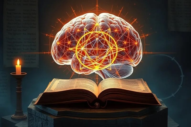 Ilustración detallada de un cerebro humano translúcido con patrones de geometría sagrada y redes neuronales entrelazadas