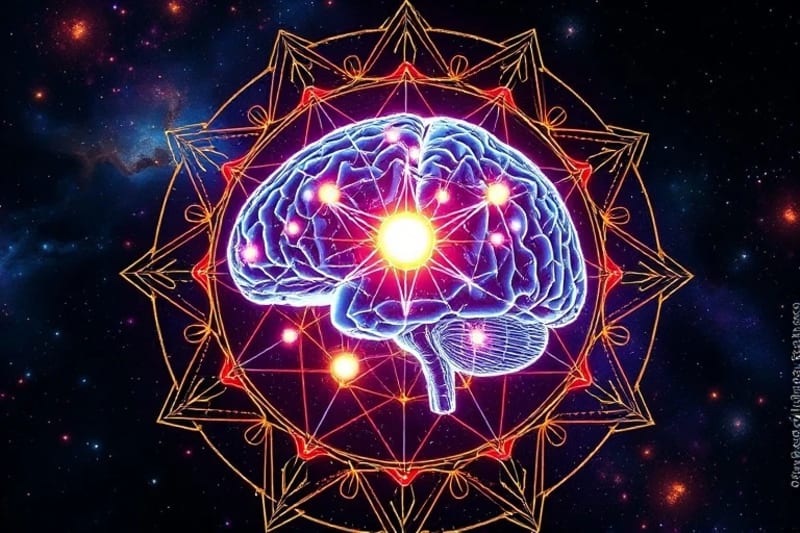 Representación conceptual de un cerebro humano luminoso conectado a cuerpos celestes por hilos de energía