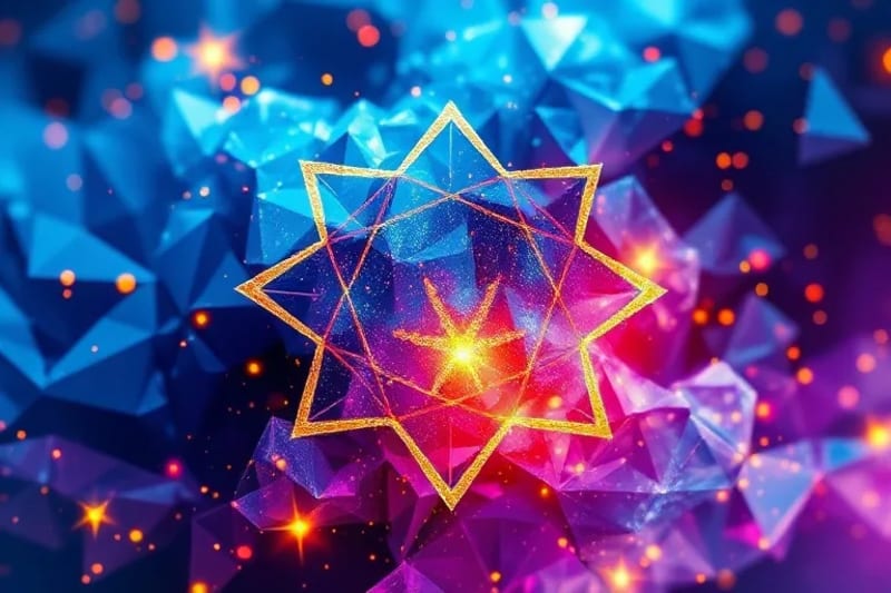 Composición abstracta de acuarela con azules, púrpuras y dorados, que representan la conexión energética entre la conciencia humana y las fuerzas espirituales cósmicas