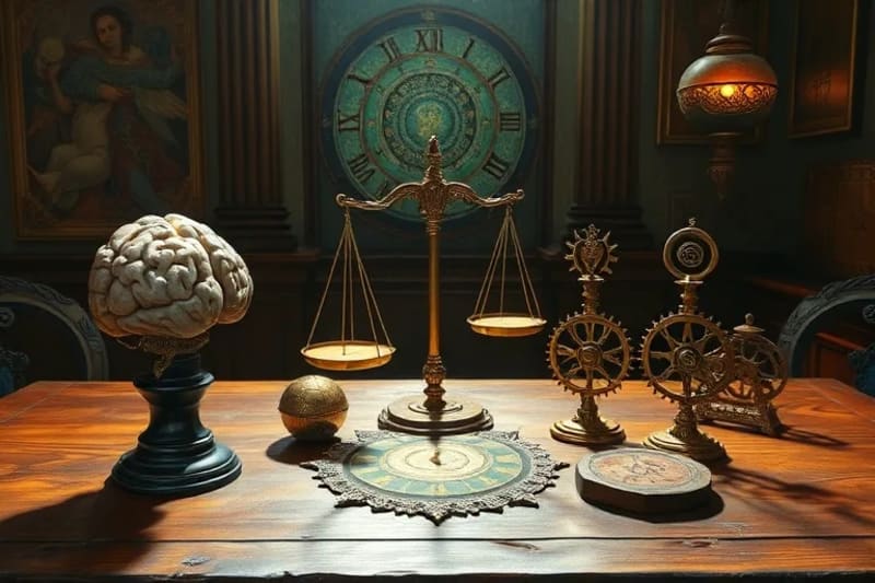 Stylized depiction of seven symbolic objects representing Hermetic principles on an antique table