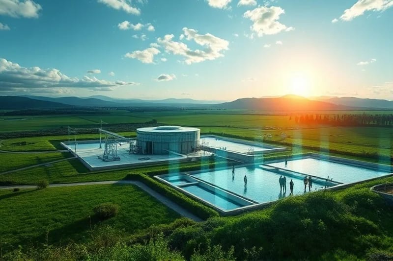 Futuristic water treatment plant with advanced filtration and renewable energy, integrated into a green landscape, symbolizing sustainable solutions.
