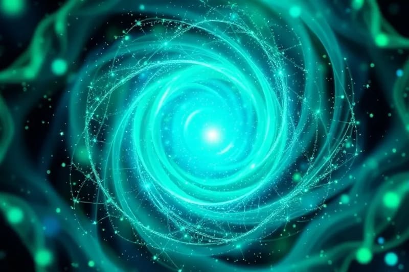 Abstract 3D render of a swirling vortex of light and energy representing quantum manifestation
