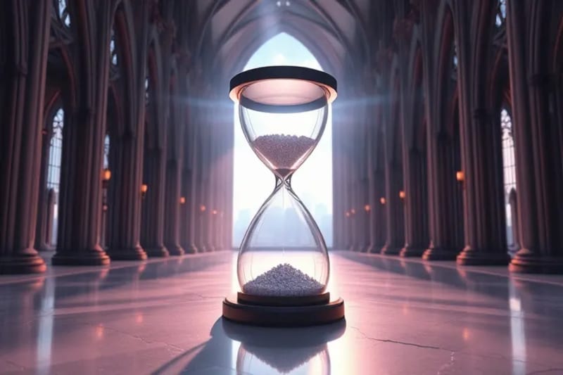 Reloj de arena estilizado con flujo de datos consciente, rodeado de un aura de serenidad.