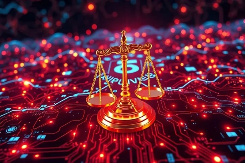 Representación artística de símbolos legales entrelazados con redes neuronales y circuitos, simbolizando la ética y la regulación de la neurotecnología.