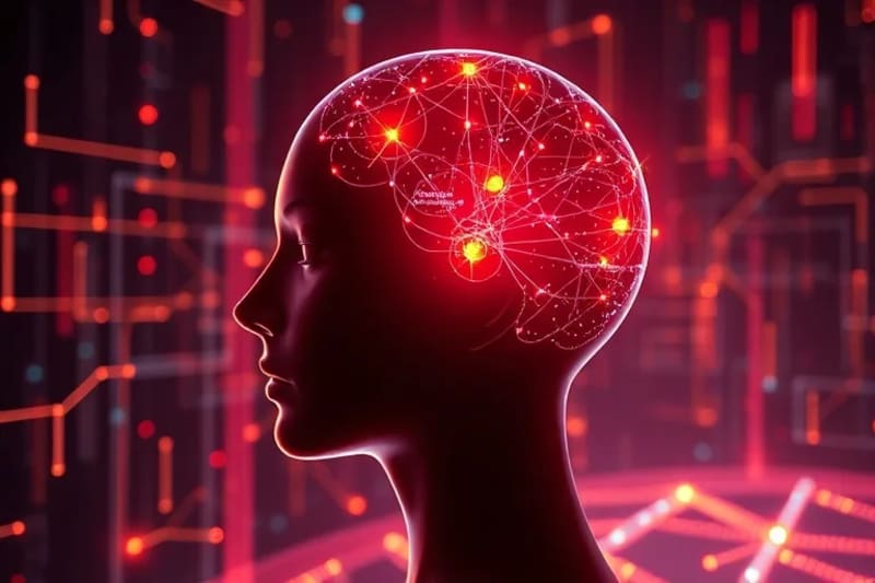 Silueta de una cabeza humana con puntos de datos y líneas brillantes, conectándose a una red digital, representando la conciencia en el ciberespacio.
