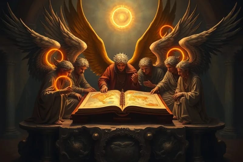Consejo celestial de arcángeles discutiendo mapas y piezas de ajedrez globales