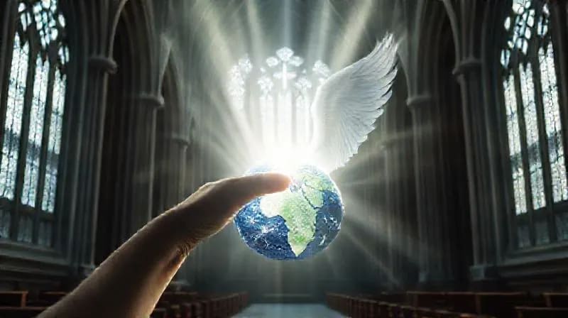 Mano de arcángel tocando un globo, emanando paz sobre zonas de conflicto