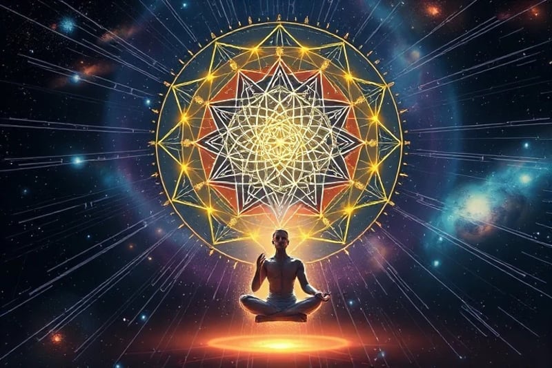 Representación conceptual de una carta de tarot holográfica con energía cuántica, rodeando a una figura meditativa que expande su aura en un cosmos de patrones divinos.