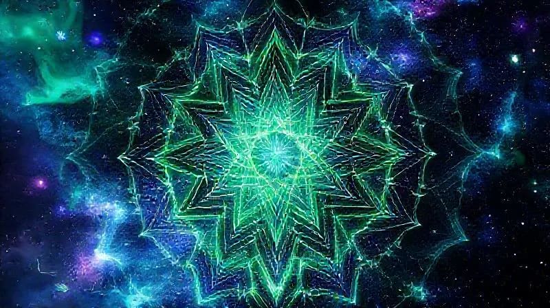 Pintura digital abstracta de energía entrelazada formando patrones geométricos sagrados, con zonas de luz y oscuridad que simbolizan el flujo y los bloqueos.