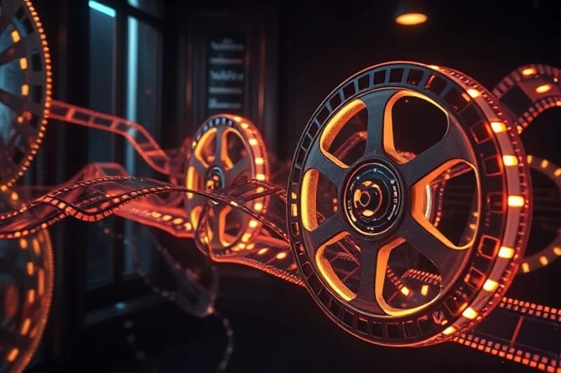 Antiguo carrete de película entrelazado con modernos circuitos impresos, simbolizando la fusión entre el arte cinematográfico y la innovación tecnológica.