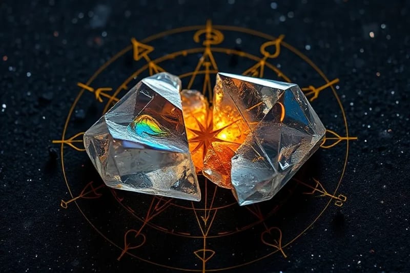 Fragmented crystal mended by golden threads with astrological glyphs