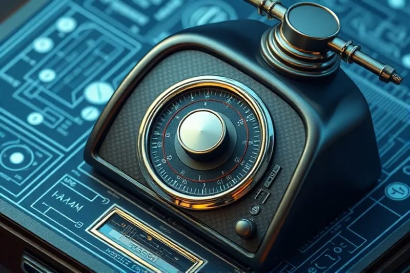 Un antiguo dial de radio con ondas etéreas que se transforman en patrones visuales de salto de frecuencia, sobre un fondo de esquemas técnicos.