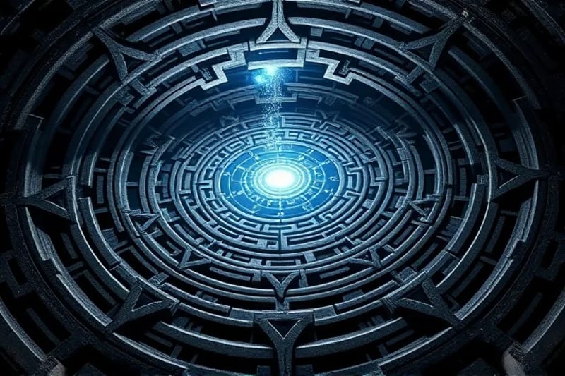 Obsidian labyrinth leading to glowing core with cosmic background
