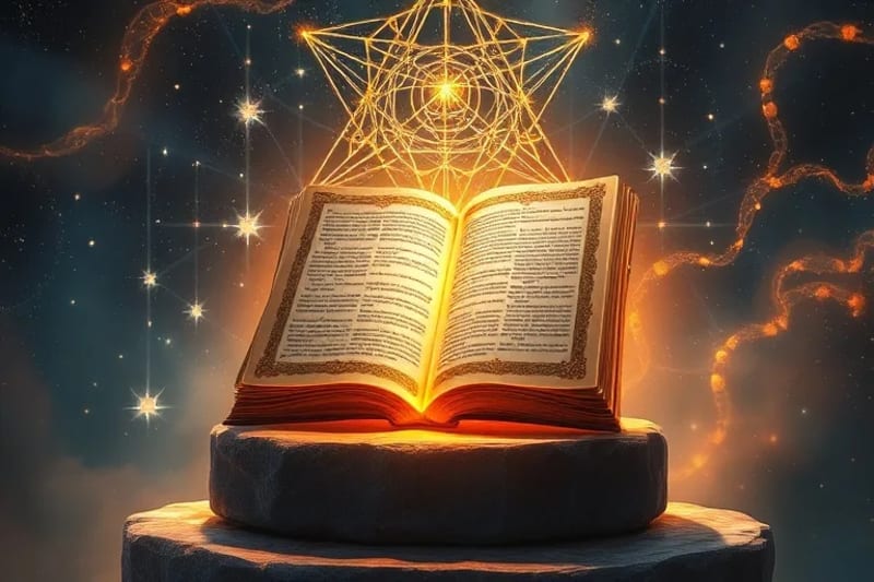 Arte abstracto que muestra flujos de luz entrelazados y patrones de geometría sagrada, irradiando desde un núcleo central de amor puro, simbolizando la armonía cósmica.