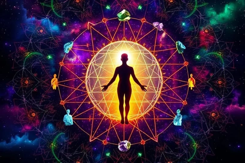Representación artística de un ser humano con hilos energéticos conectándolo a figuras ancestrales luminosas. Cristales curativos flotan alrededor, simbolizando la liberación de patrones heredados.