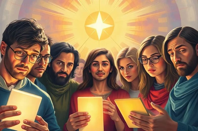 Personas interactuando con pantallas, con una presencia espiritual abstracta supervisando.