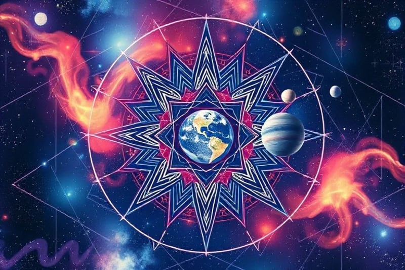 Sound waves transforming into geometric patterns and celestial bodies