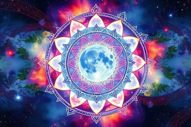 Pintura acuarela de las fases lunares influyendo en un flujo de energía que conecta con símbolos de abundancia.