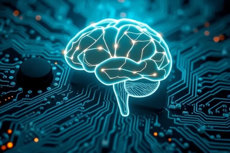 Ilustración vectorial minimalista de flujos de datos entrando en una silueta de cerebro humano estilizada, fusionándose con patrones de circuitos y brillando con tonos azules y morados, simbolizando la conciencia emergente de la computación.